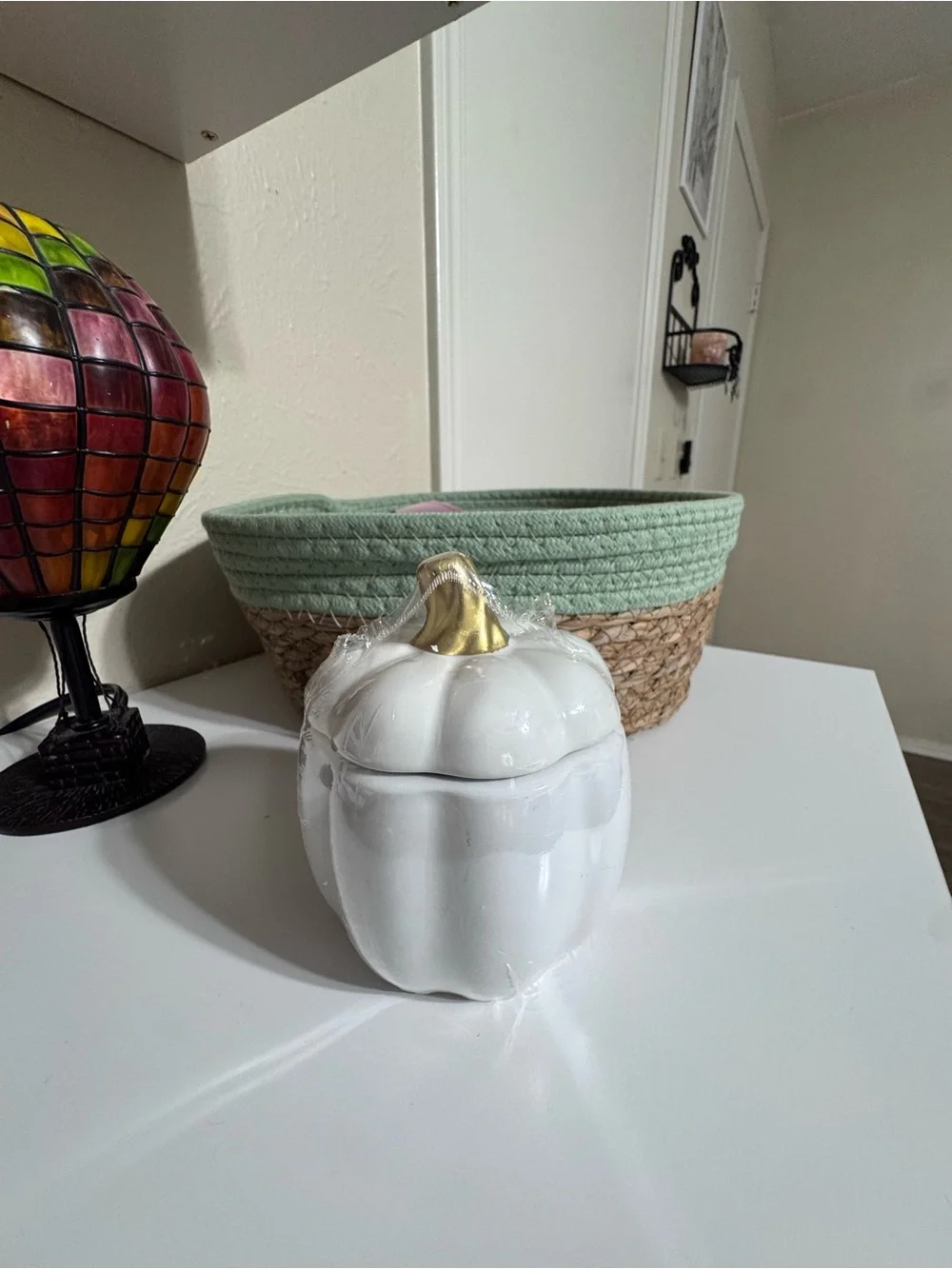 NWT Ceramic Pumpkin Jar - White with Gold Stem